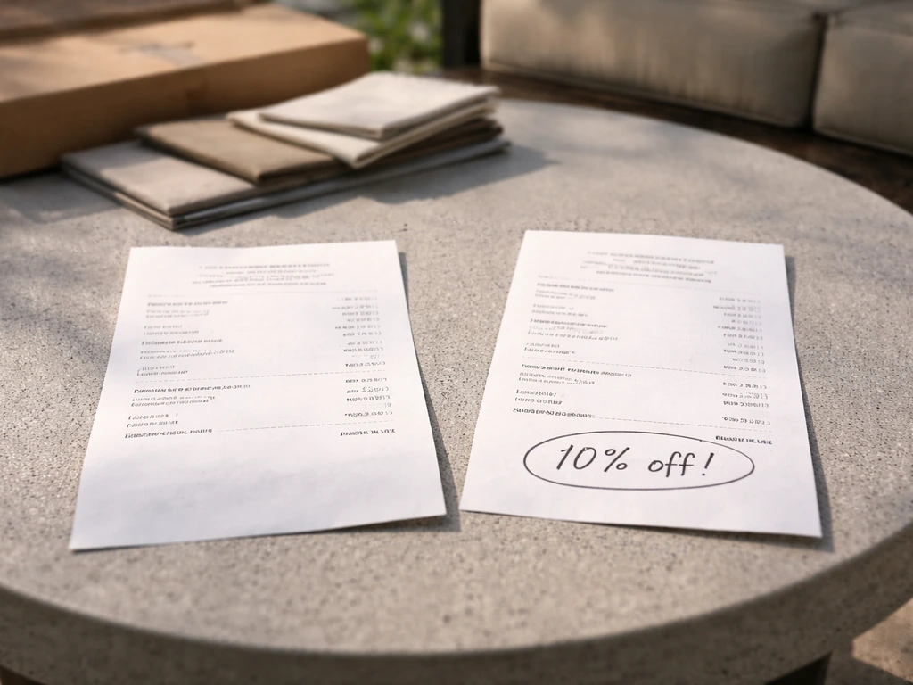 Minimal photo of two checkout cost receipts for patio furniture, showing delivery/assembly fees and one promo applied