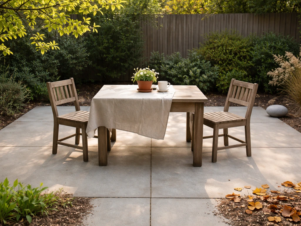Minimal outdoor patio set with small seasonal items suggesting a Feb–Oct furniture sale cycle
