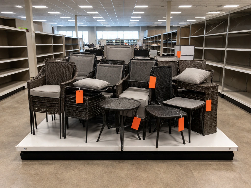 Minimal view of a store patio furniture clearance endcap with discounted outdoor chairs and tags.