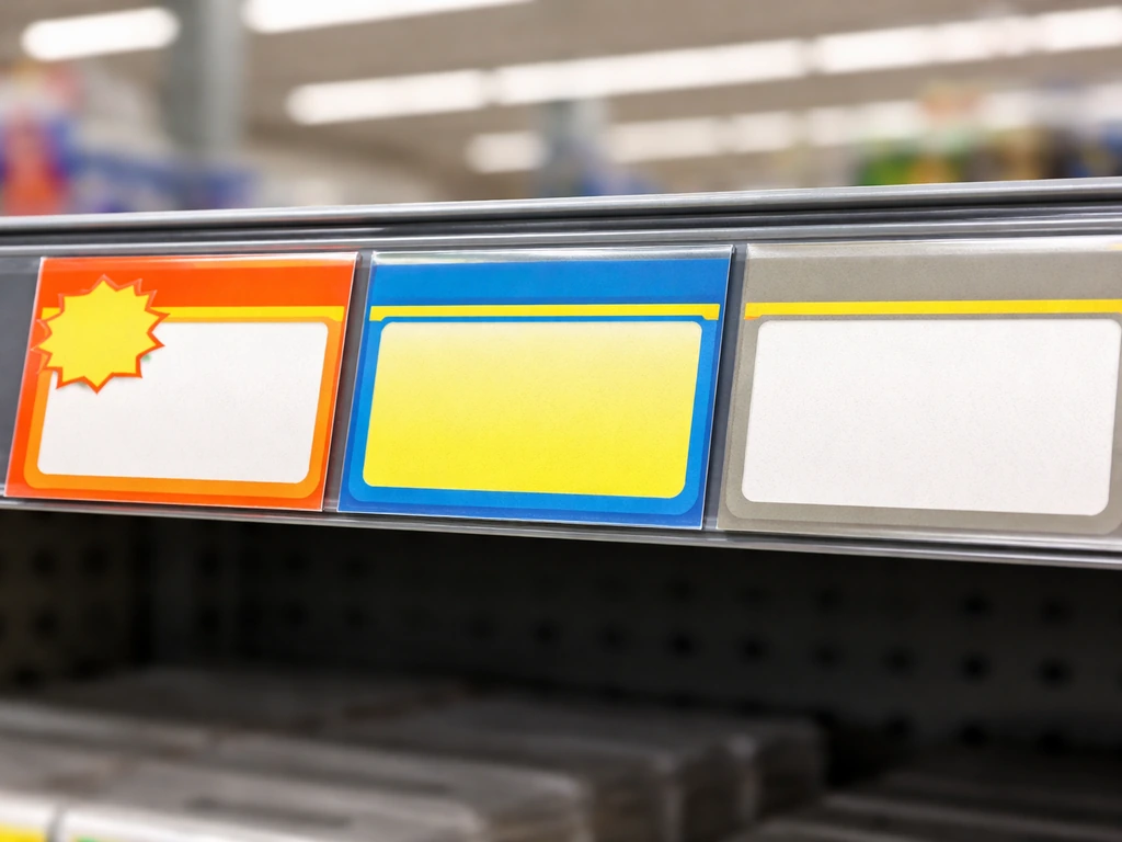 Close-up of three different retail pricing labels side by side on a store shelf