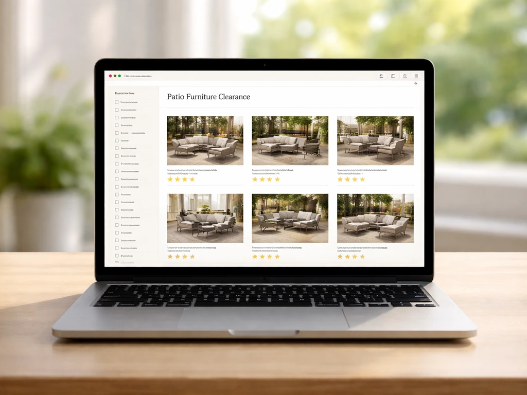 Minimal photo of a laptop showing a patio clearance shopping page with filter panels and product thumbnails