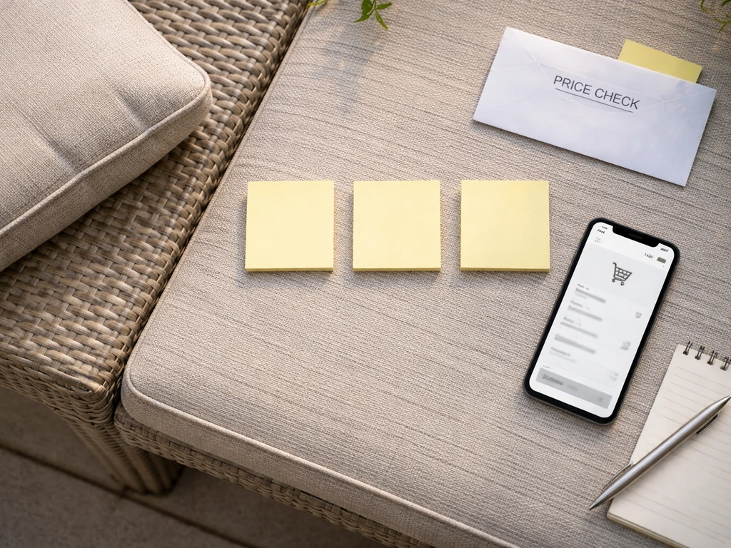 Top-down view of patio cushion and smartphone cart with blank checklist notes for clearance and price checks.