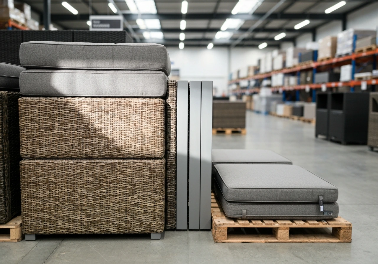 High-end patio furniture display in a warehouse setting with premium wicker and cushion materials.