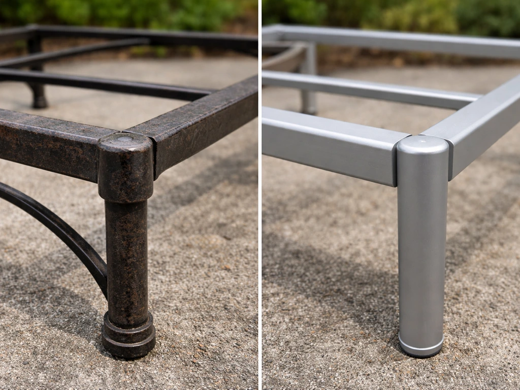 Close-up comparison of rusted wrought iron patio frame versus clean aluminum frame on concrete.