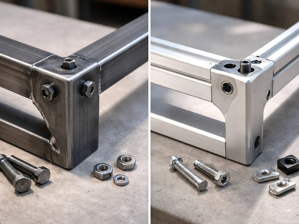 Close-up of two window/door frame samples showing steel vs aluminum joinery and hardware details.