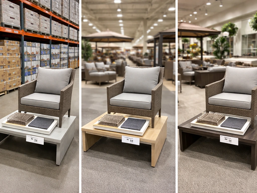 Three empty retail display tables showing patio set materials and packaging in a warehouse and big-box style