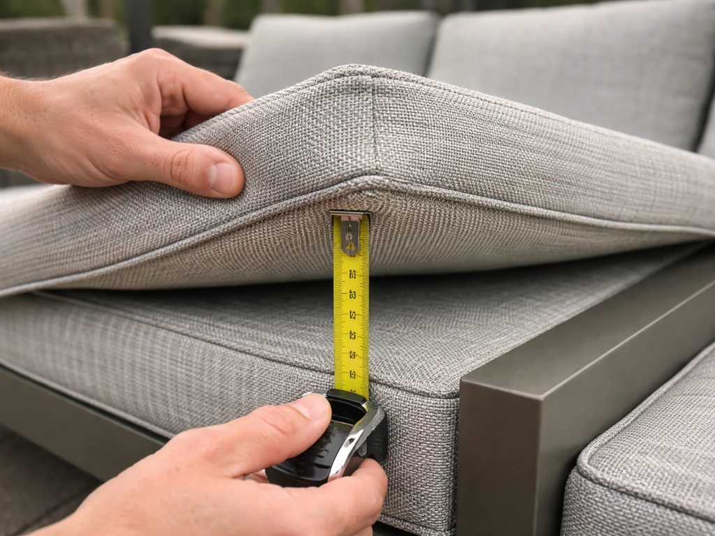 Hands measuring patio furniture cushions and frame material details before buying.