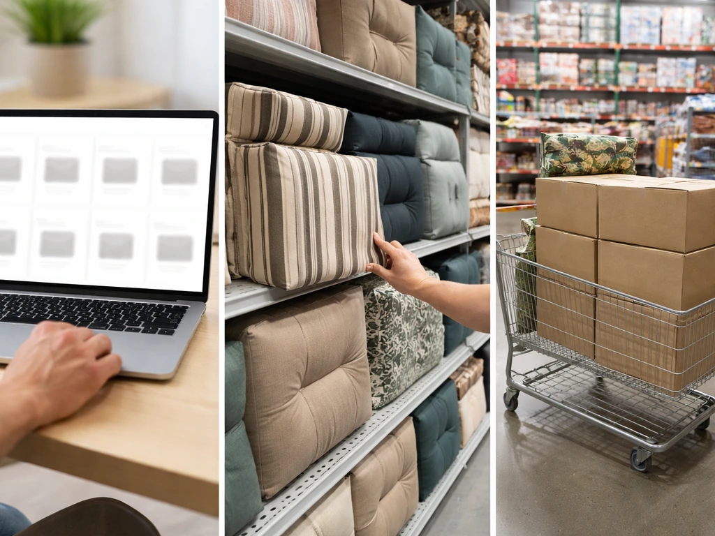 Split photo comparison: laptop shopping online cushions, retail aisle cushion displays, and bulk boxes on a cart.