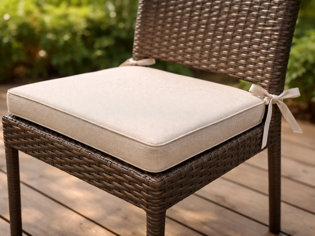 Close-up of a dining chair with standard patio cushions, showing ties and cushion thickness