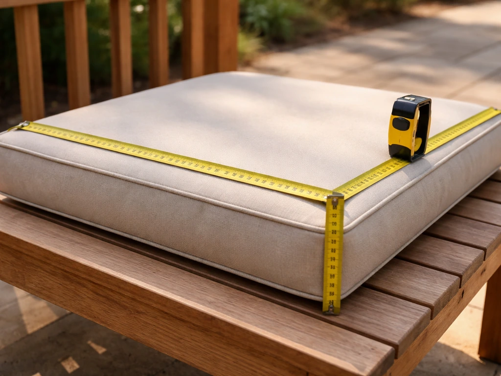 Patio cushion with a tape measure measuring length, width, and thickness for replacement sizing.